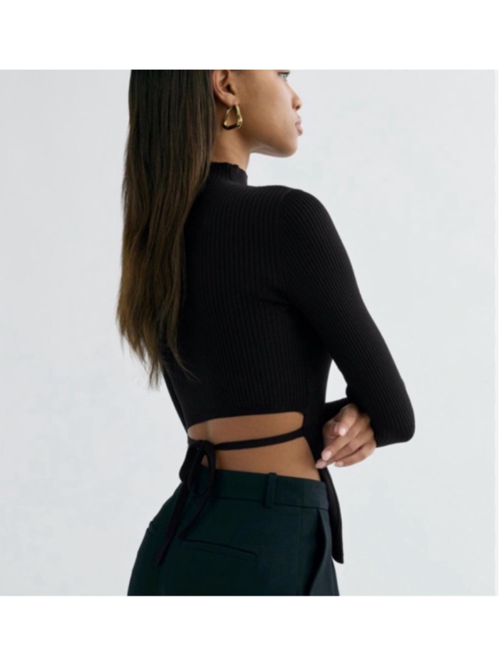 BABATON Sculpt Knit Tie-Back Longsleeve Black Ribbed Mock Neck Sweater XXS